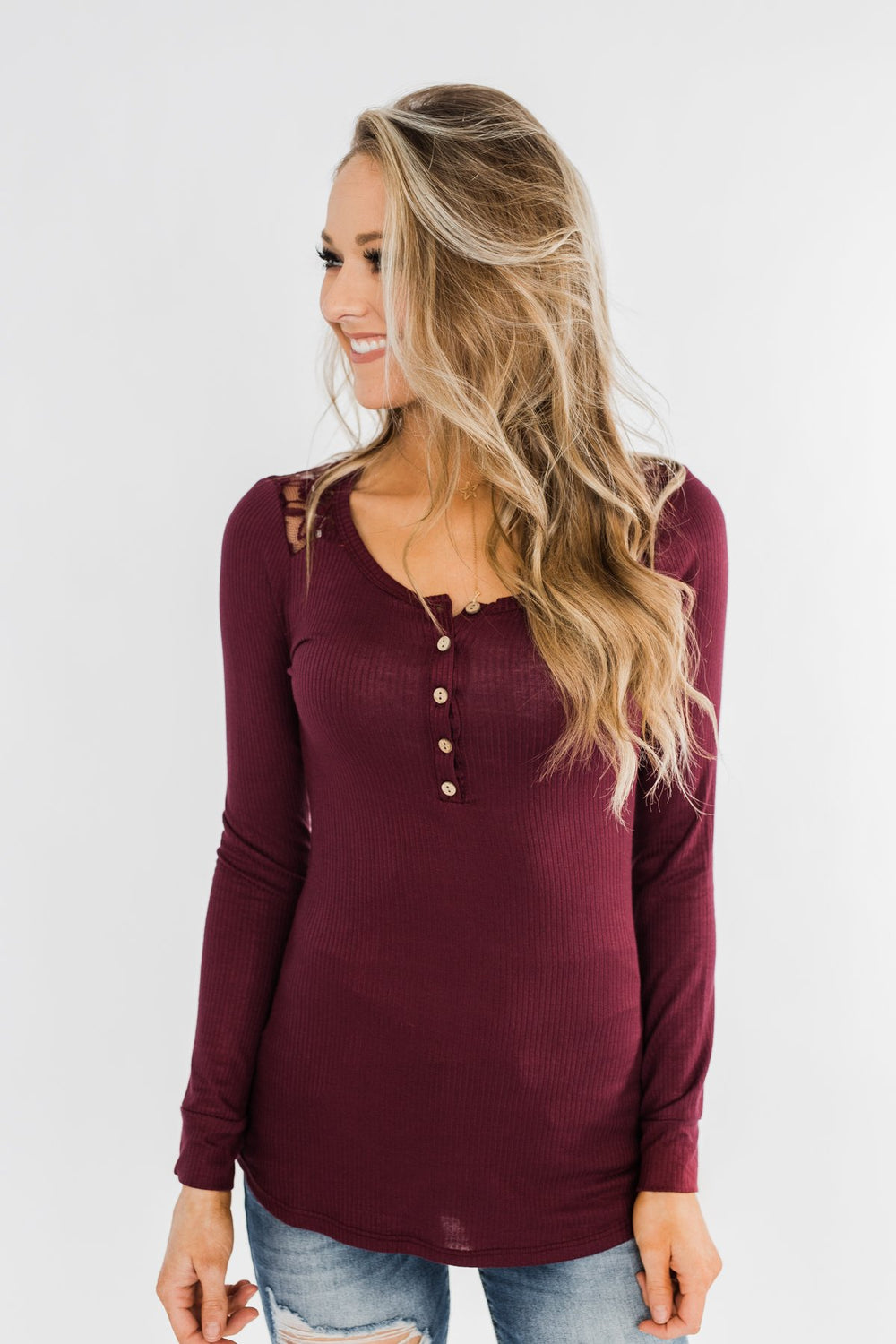 Lace Back 5-Button Henley Top- Burgundy – The Pulse Boutique
