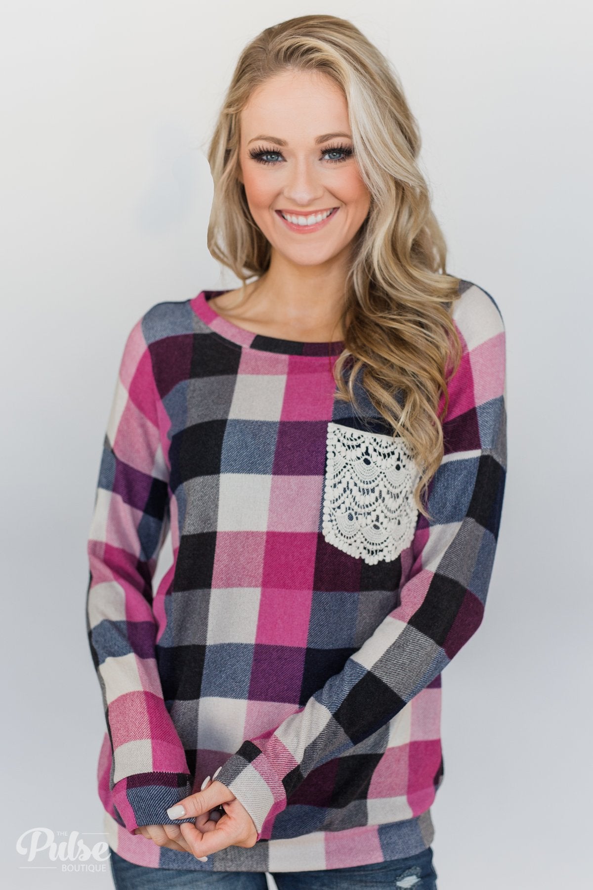 Checkered Pullover Pocket Top- Pink, Black, Navy – The Pulse Boutique