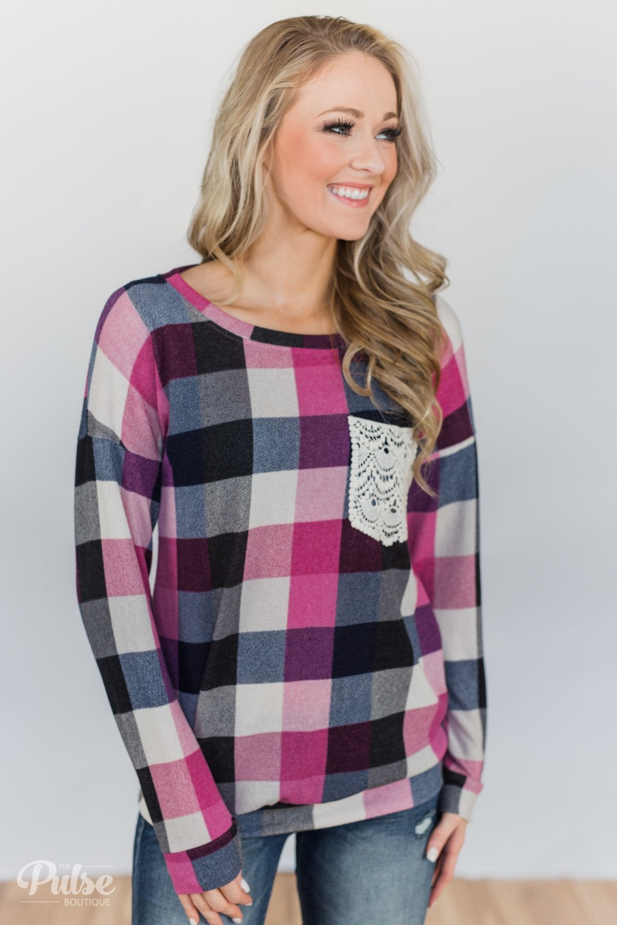 Checkered Pullover Pocket Top- Pink, Black, Navy – The Pulse Boutique