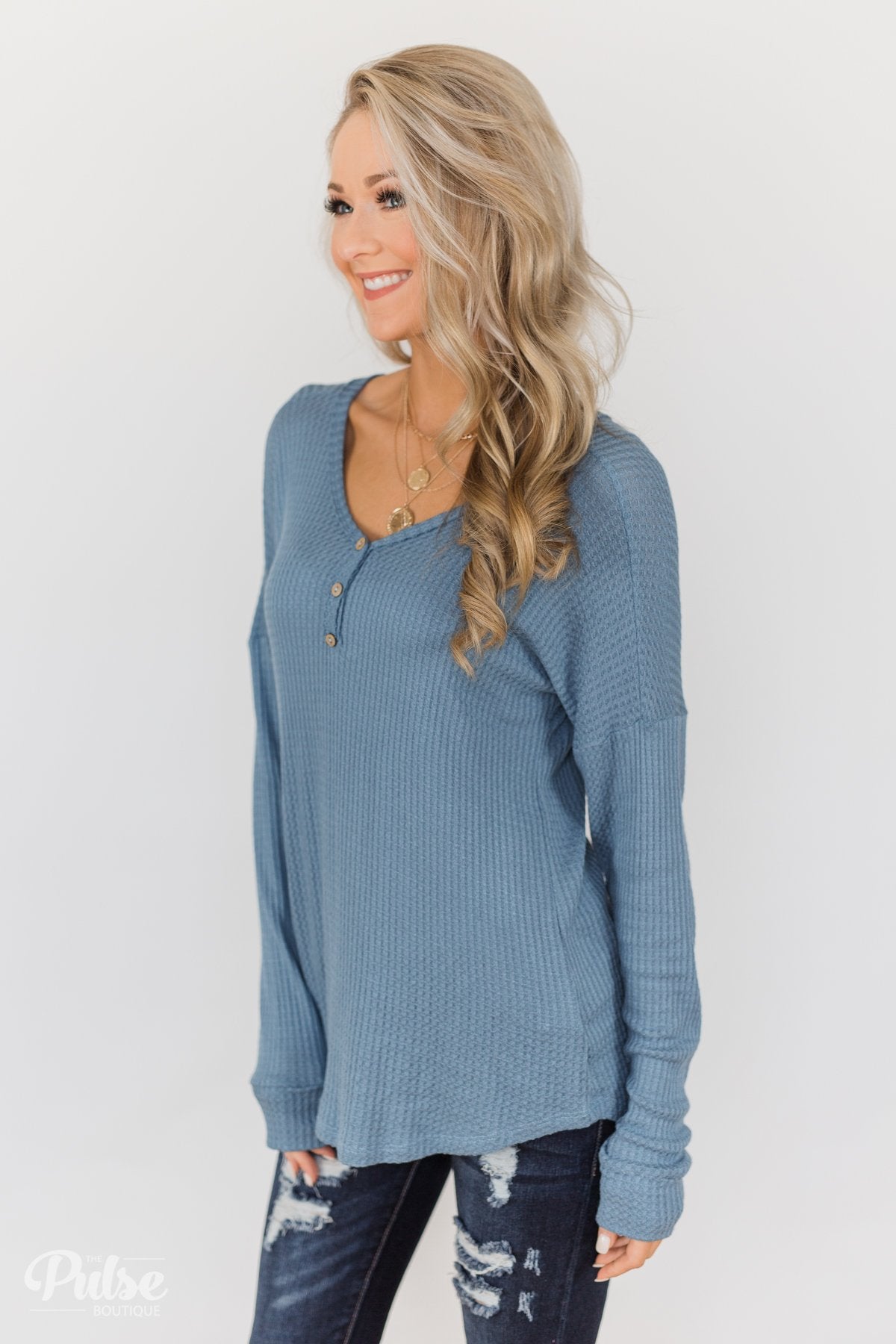 Knowing You V-Neck Thermal Top- Slate Blue – The Pulse Boutique