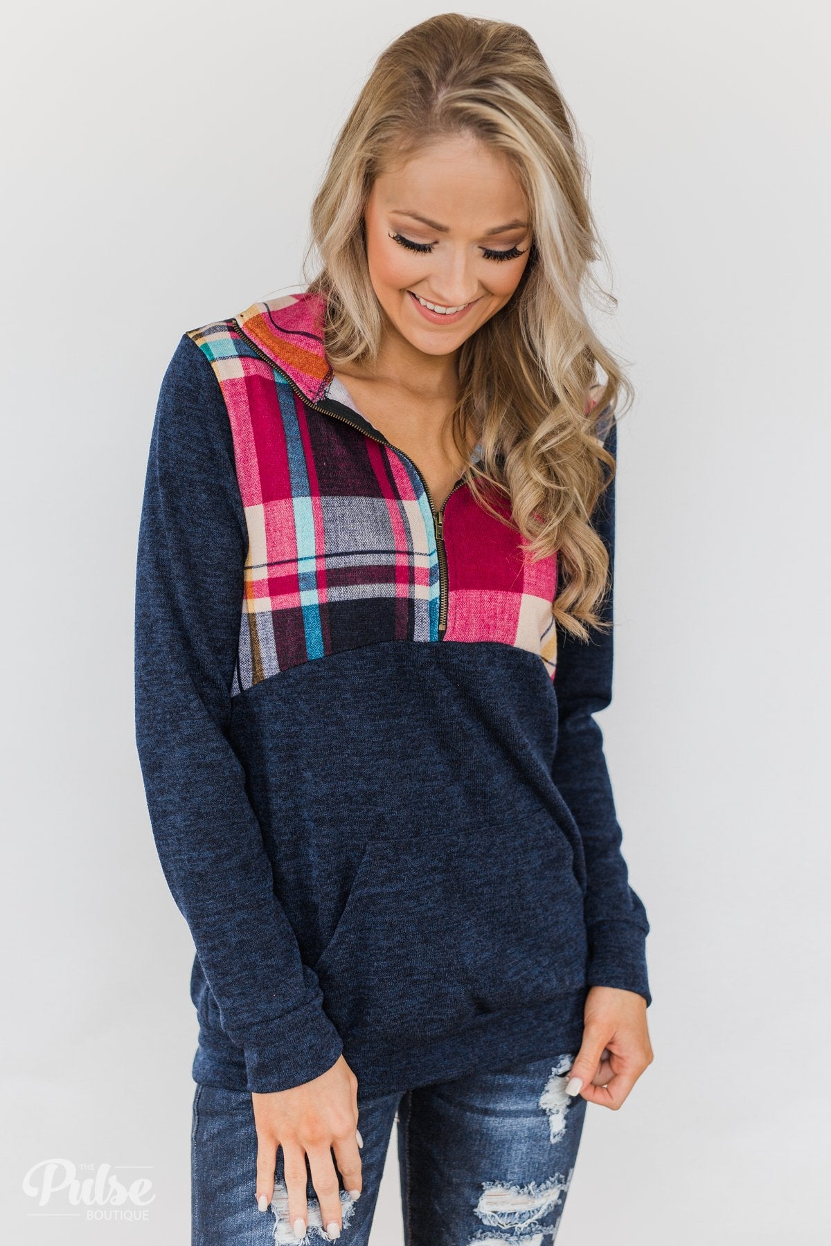 Fun in the Making Plaid Quarter Zip- Navy – The Pulse Boutique