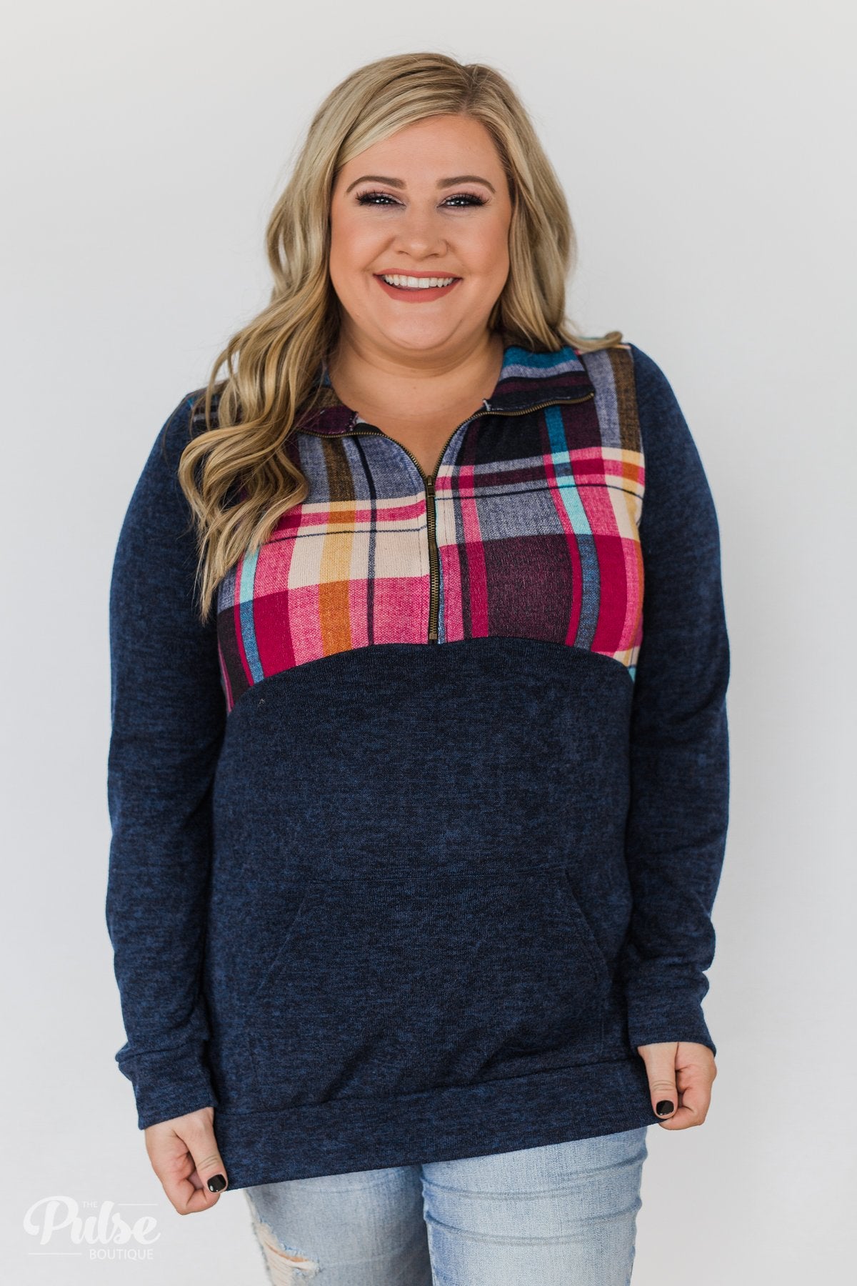 Fun in the Making Plaid Quarter Zip- Navy – The Pulse Boutique