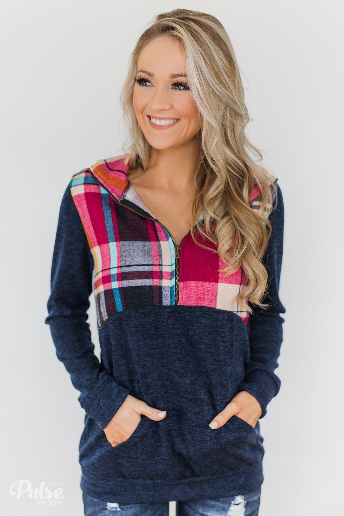 Fun in the Making Plaid Quarter Zip- Navy – The Pulse Boutique