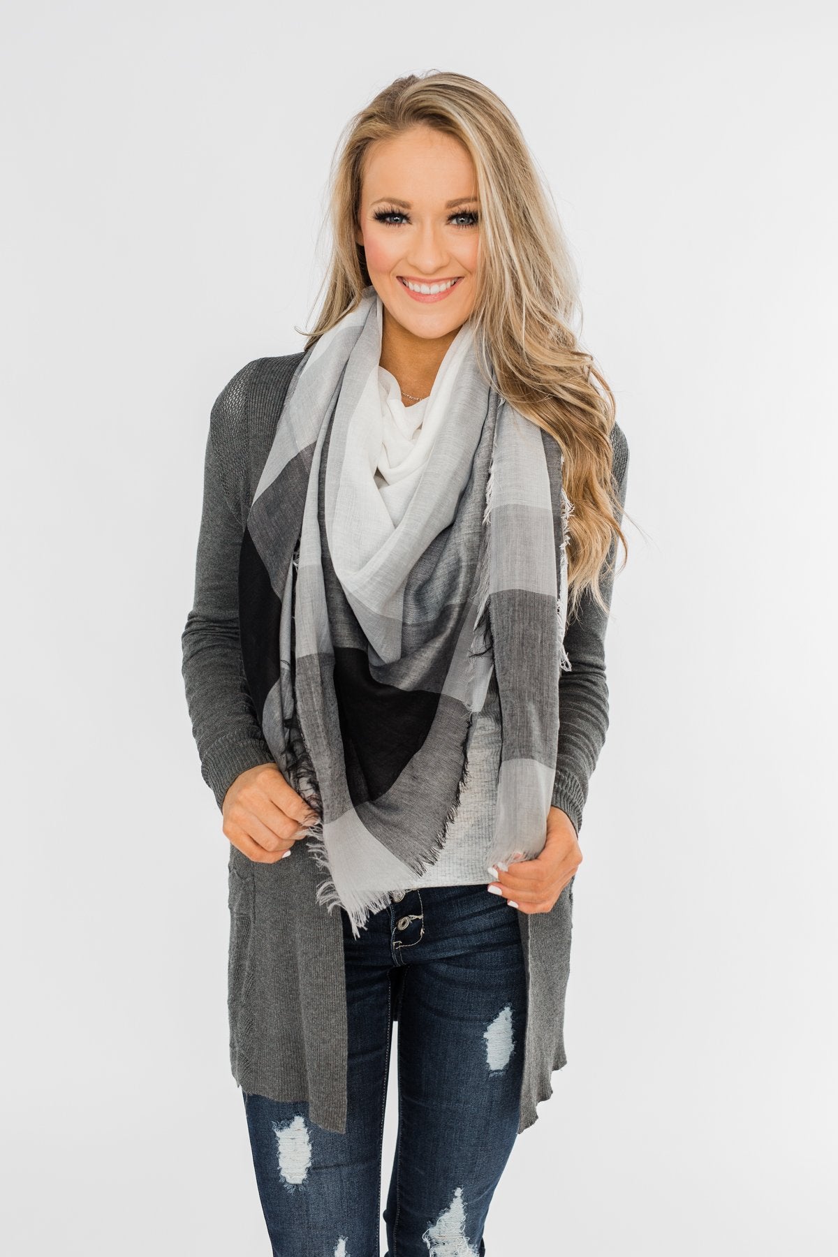 black and grey blanket scarf