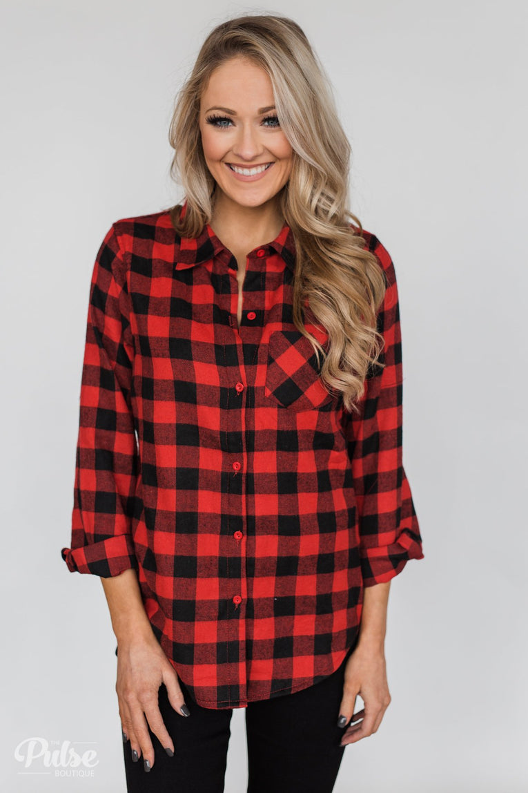 Plaid With The Fur Top- Red & Black – The Pulse Boutique