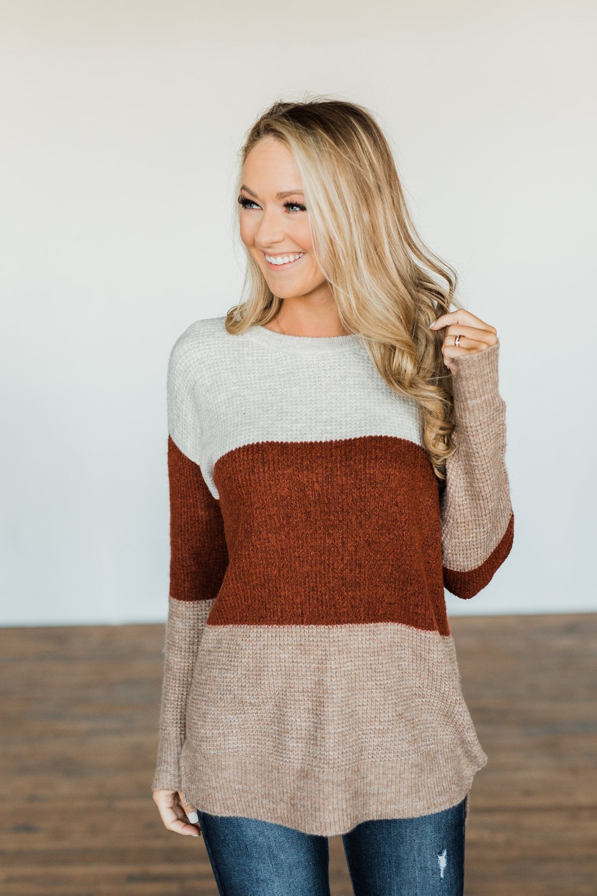 All Things Charming Colorblock Sweater- Oatmeal, Rust, Mocha – The ...