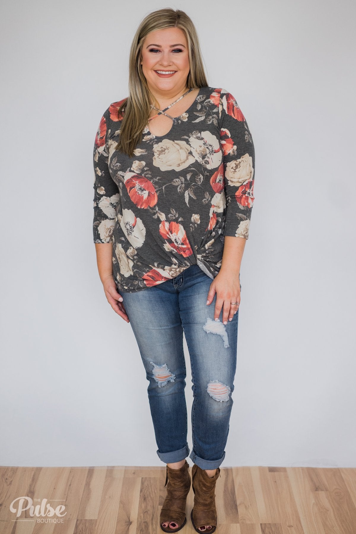 All About Floral Criss Cross Knot Top- Charcoal – The Pulse Boutique