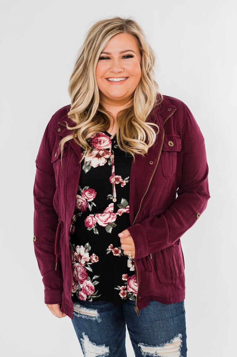 Carried Away Drawstring Waist Jacket- Wine – The Pulse Boutique