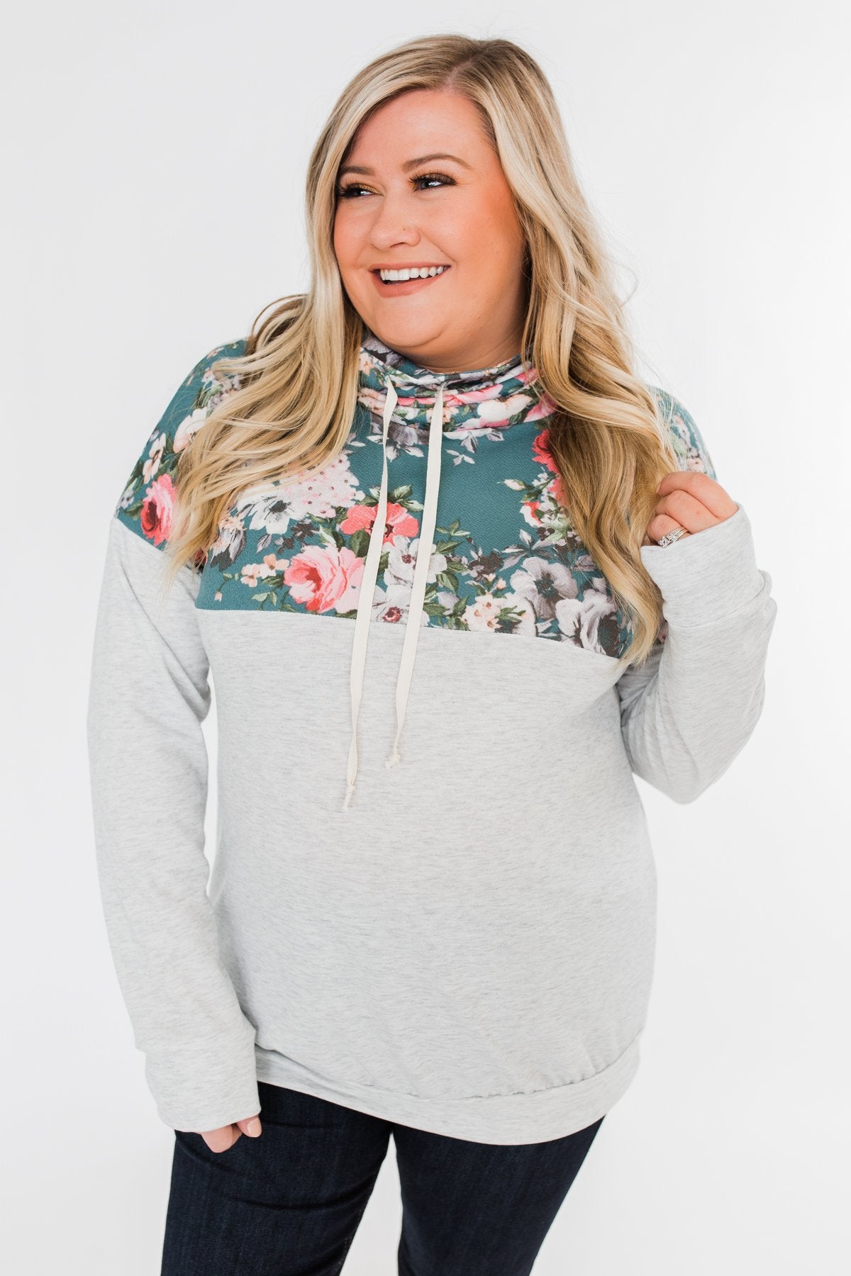 Most Beautiful Of Them All Cowl Neck Top- Heather Grey & Teal – The ...