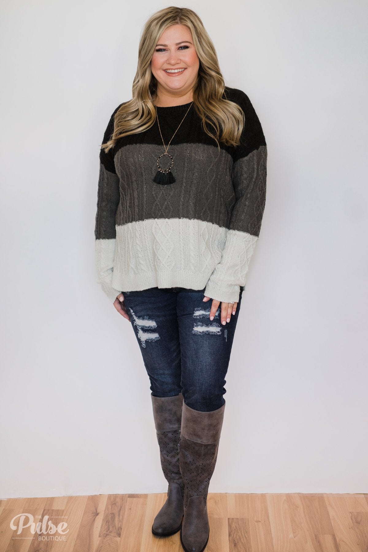 Sweater Weather Knitted Color Block- Black, Charcoal, Ivory – The Pulse ...