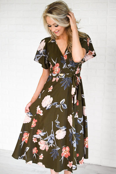 Flaunt it Babe Olive Floral Wrap Dress – The Pulse Boutique