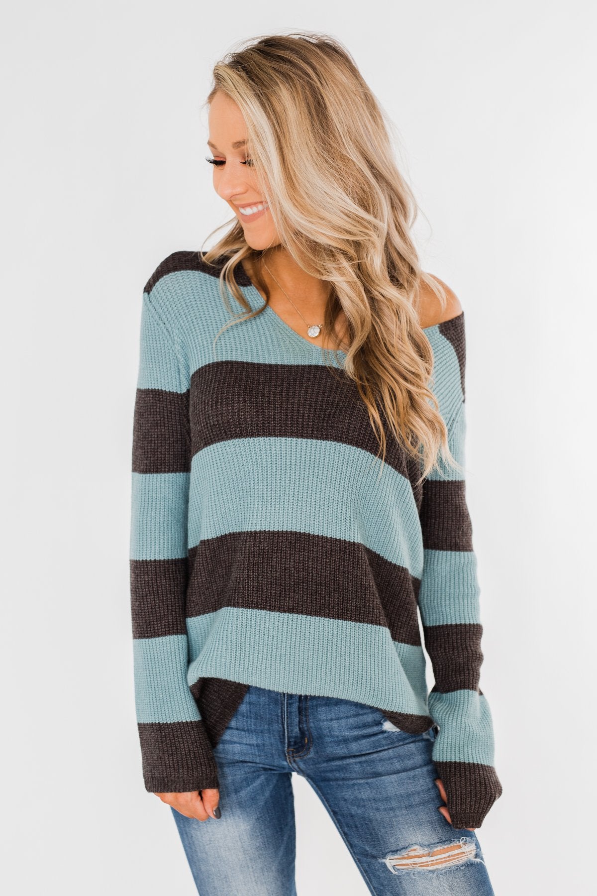 Striped Knit Sweater- Blue & Charcoal – The Pulse Boutique