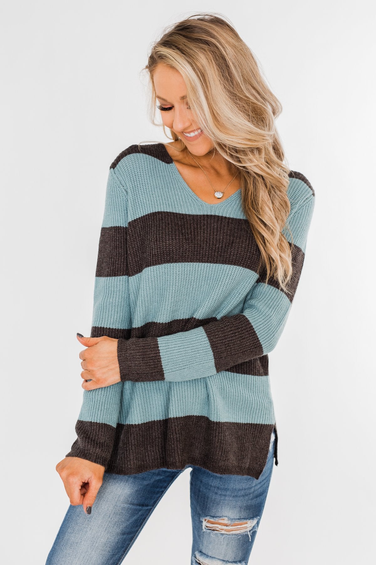 Striped Knit Sweater- Blue & Charcoal – The Pulse Boutique
