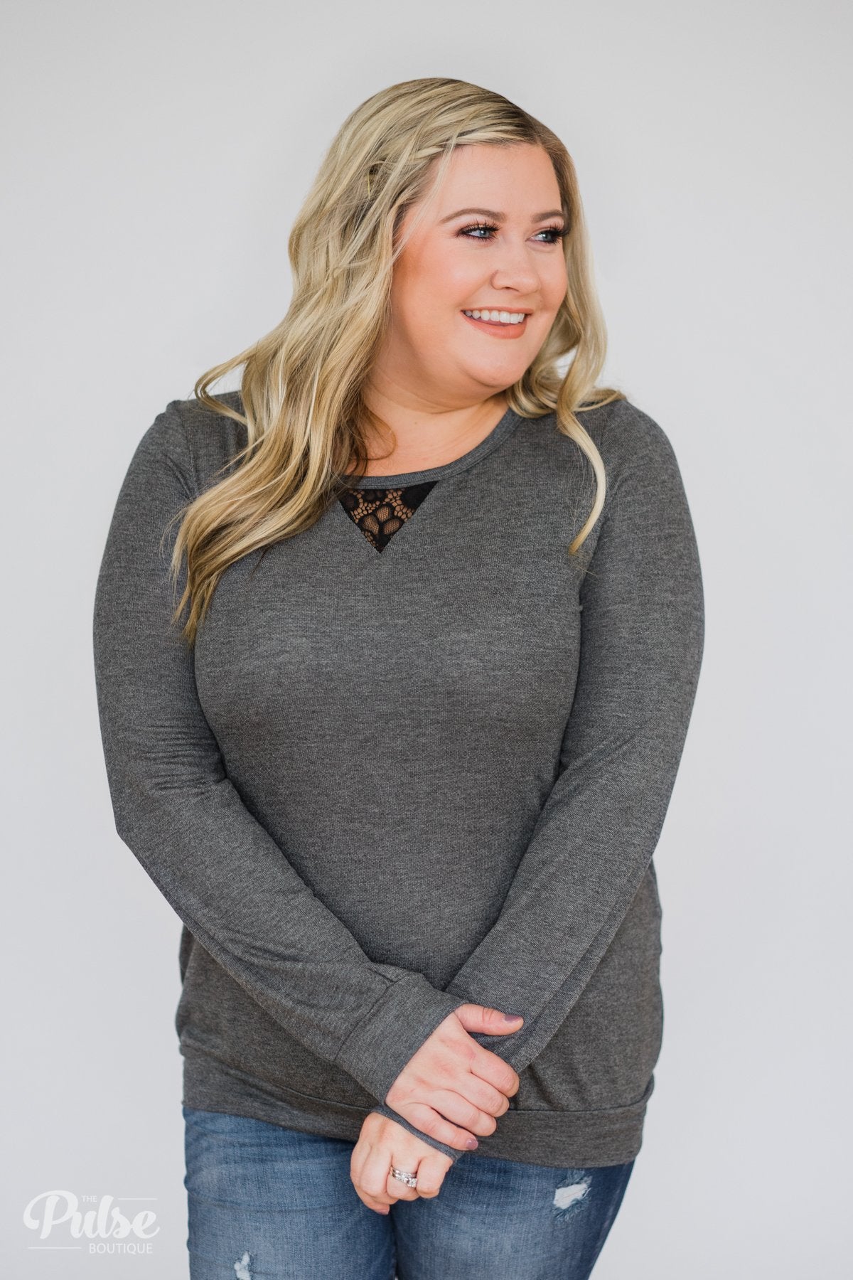Trace of Lace Long Sleeve Top- Charcoal – The Pulse Boutique