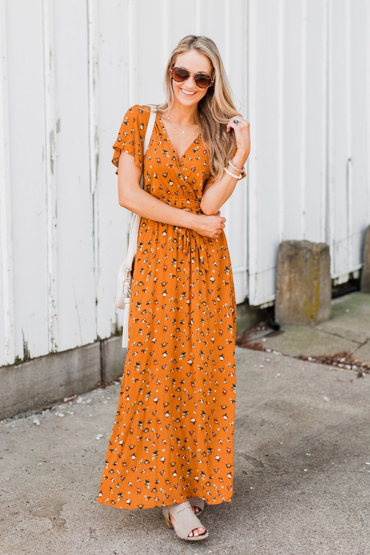 burnt orange floral maxi dress