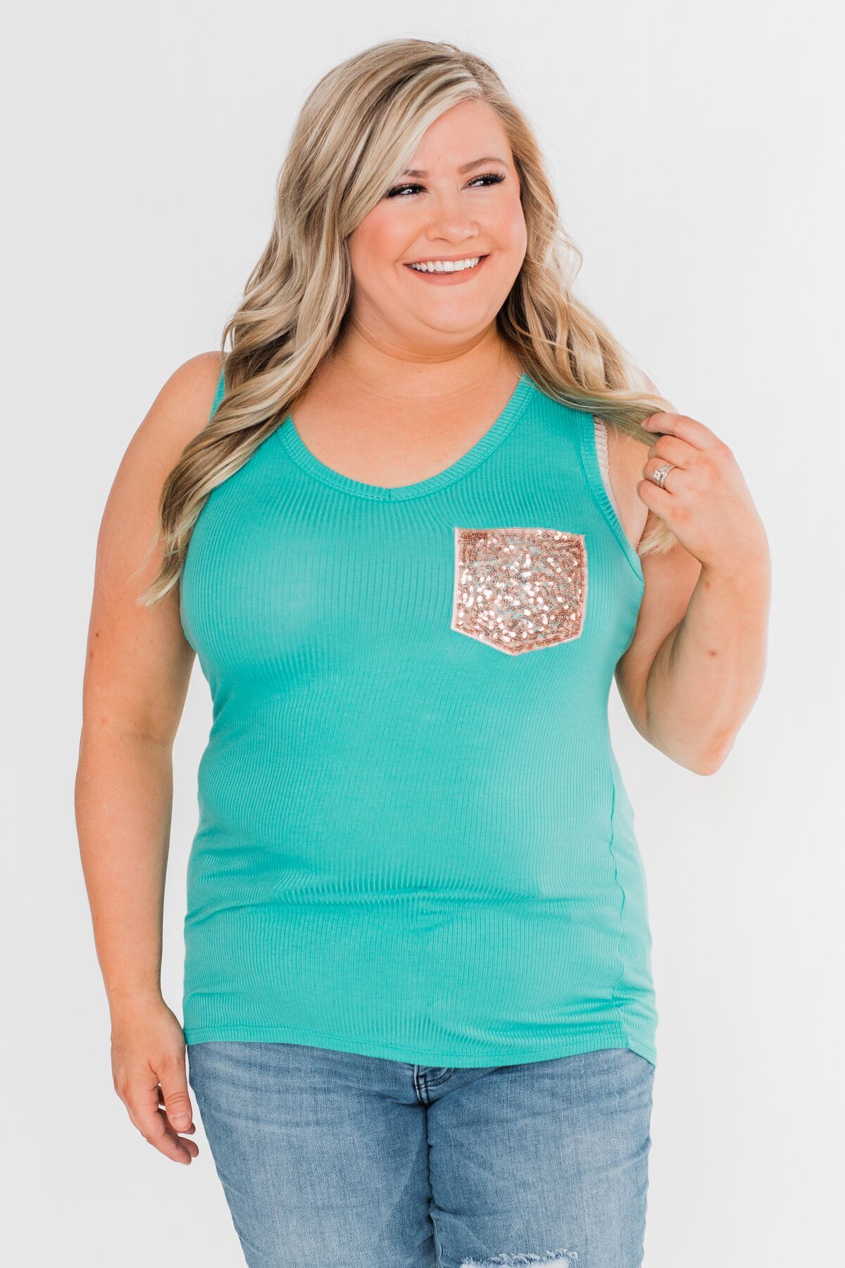 Hello Gorgeous Sequin Pocket Tank Top Turquoise The Pulse Boutique 1723