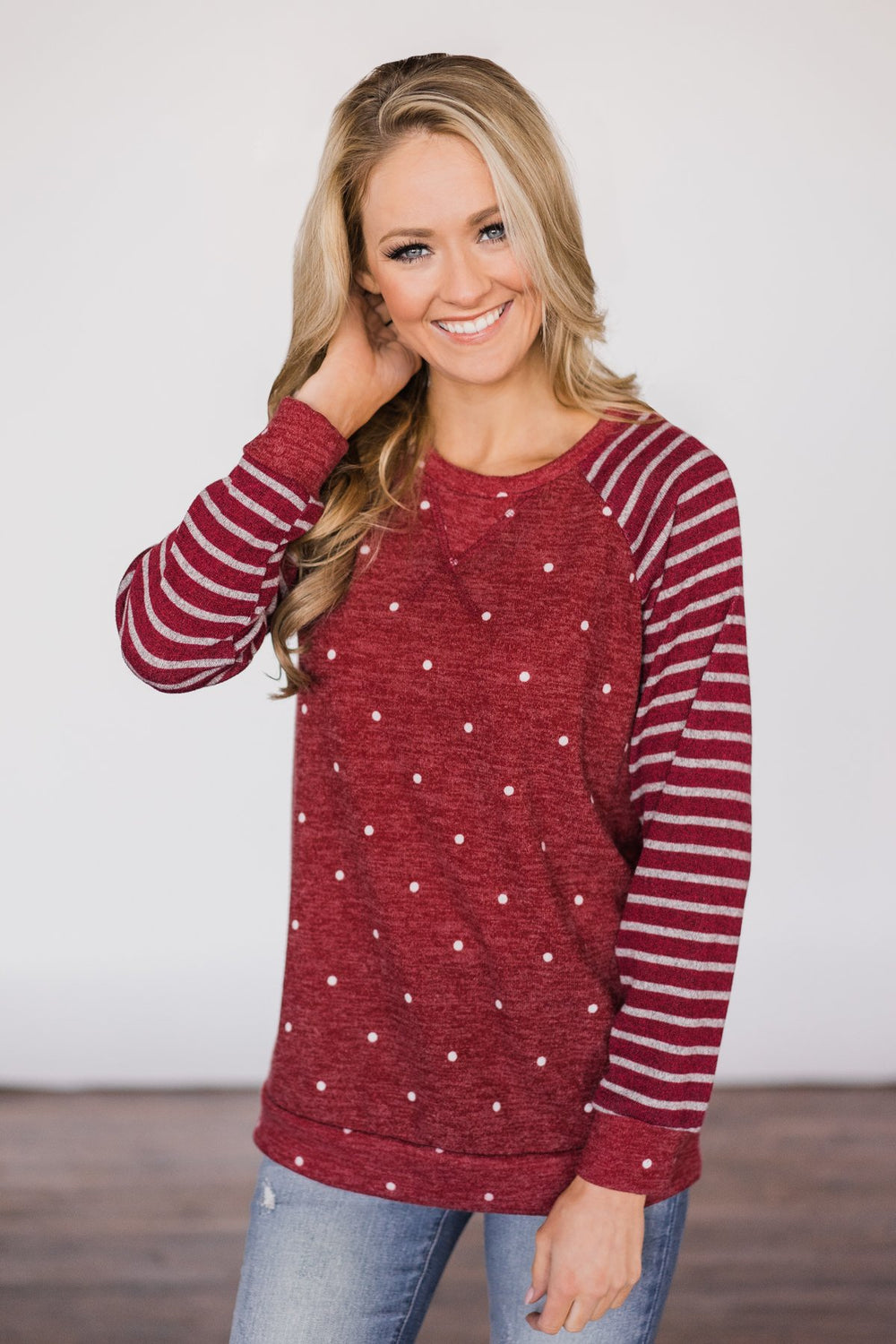 Cozy Polka Dot & Stripe Crew Sweater ~ Red – The Pulse Boutique