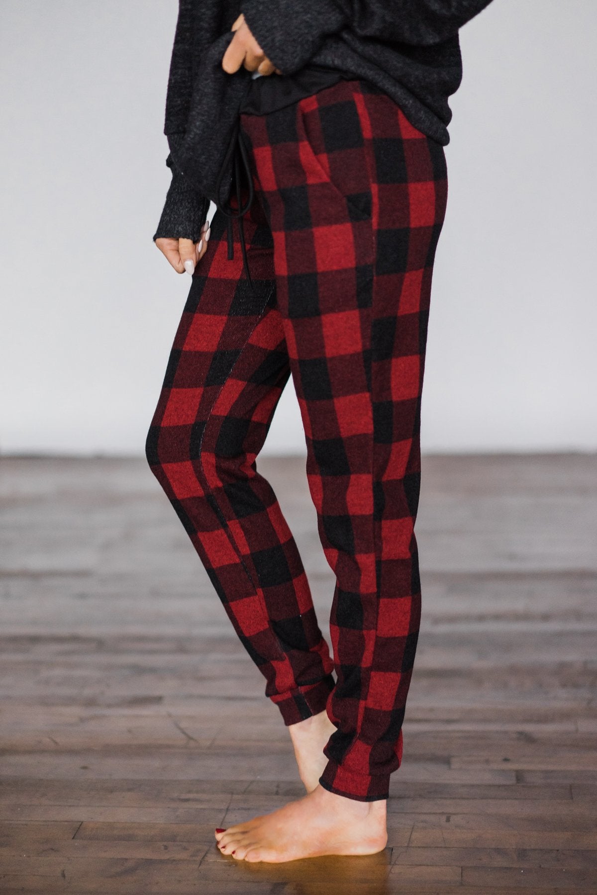 red and black plaid joggers