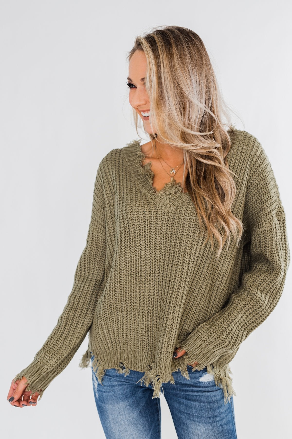 My Own Way Frayed V-Neck Sweater- Olive – The Pulse Boutique