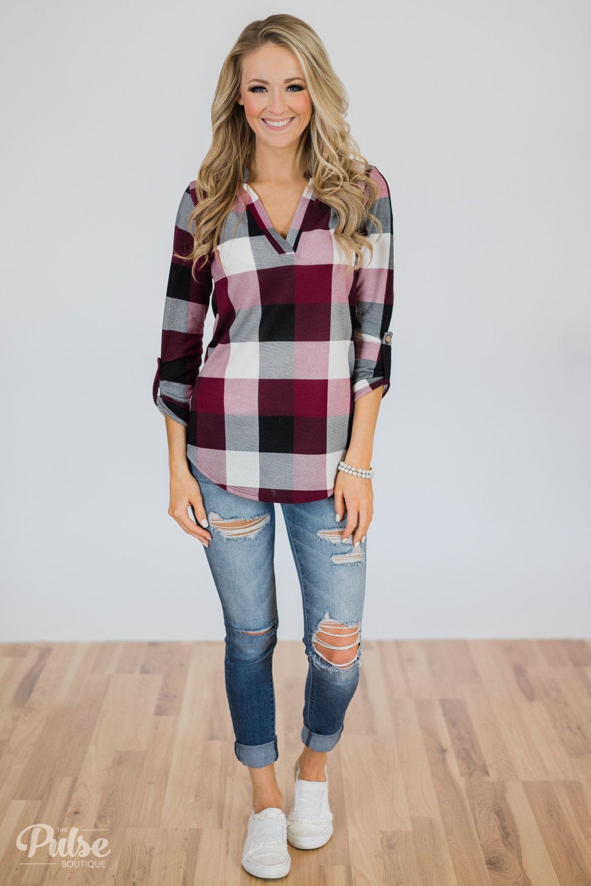 Sincerely Me Plaid V-Neck Top- Burgundy – The Pulse Boutique