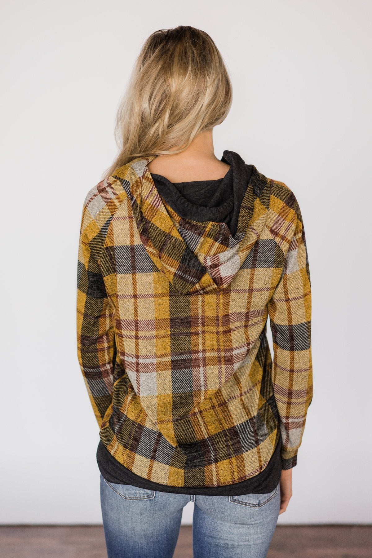 Mustard Charcoal Plaid Hoodie  The Pulse Boutique