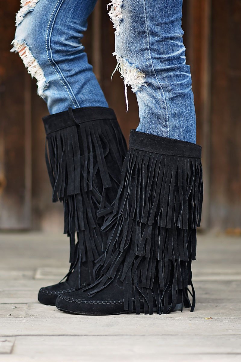 black booties with fringe