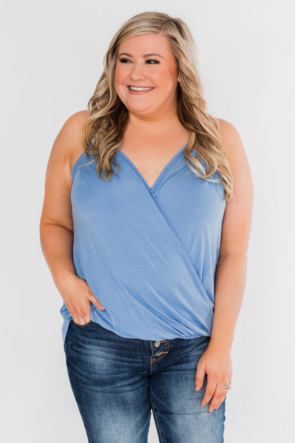 Something Simple Wrap Tank Top- Light Denim – The Pulse Boutique