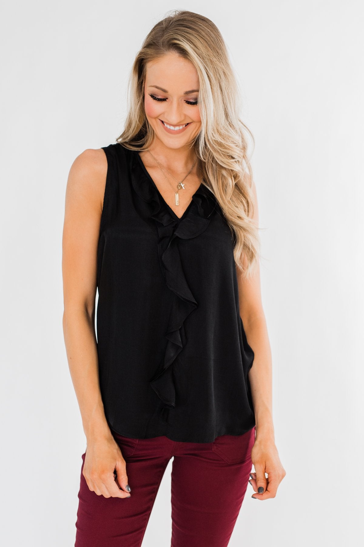 Always Had A Feeling Ruffled Tank Top- Black – The Pulse Boutique