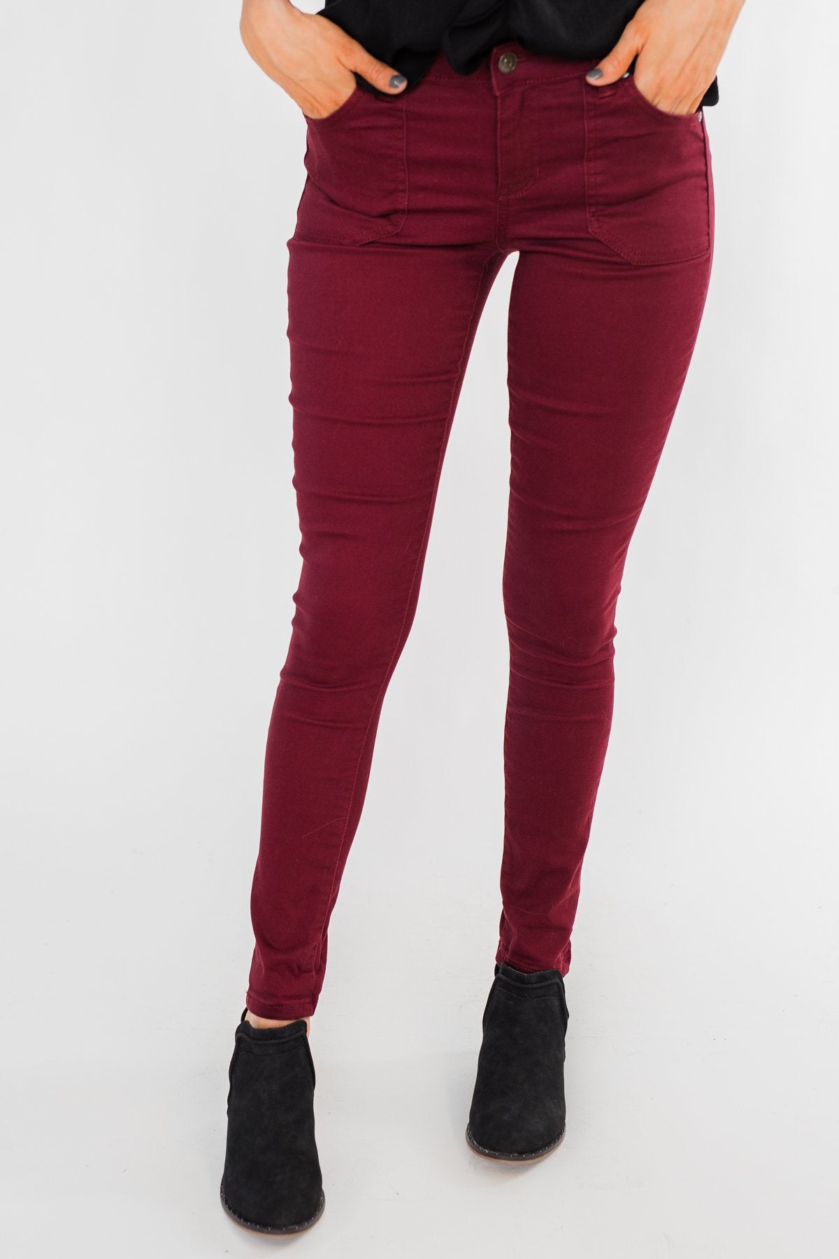 maroon denim jeans