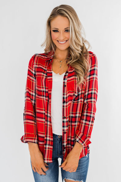 Hello Flannel Button Up Top- Red, Yellow, & Navy – The Pulse Boutique