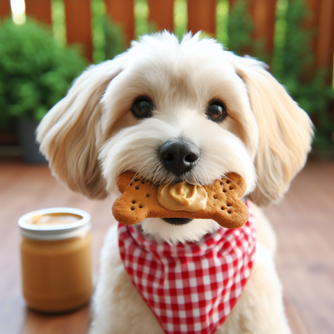 cute dog eating home made peanut butter dog treat biscuit