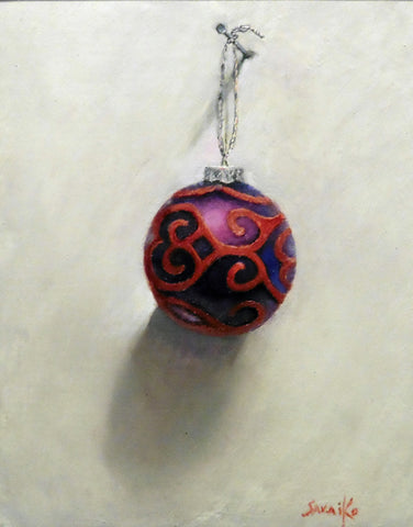 Max Savaiko Art image of a red christmas ornament hanging on a white wall and it looks as if you can touch it