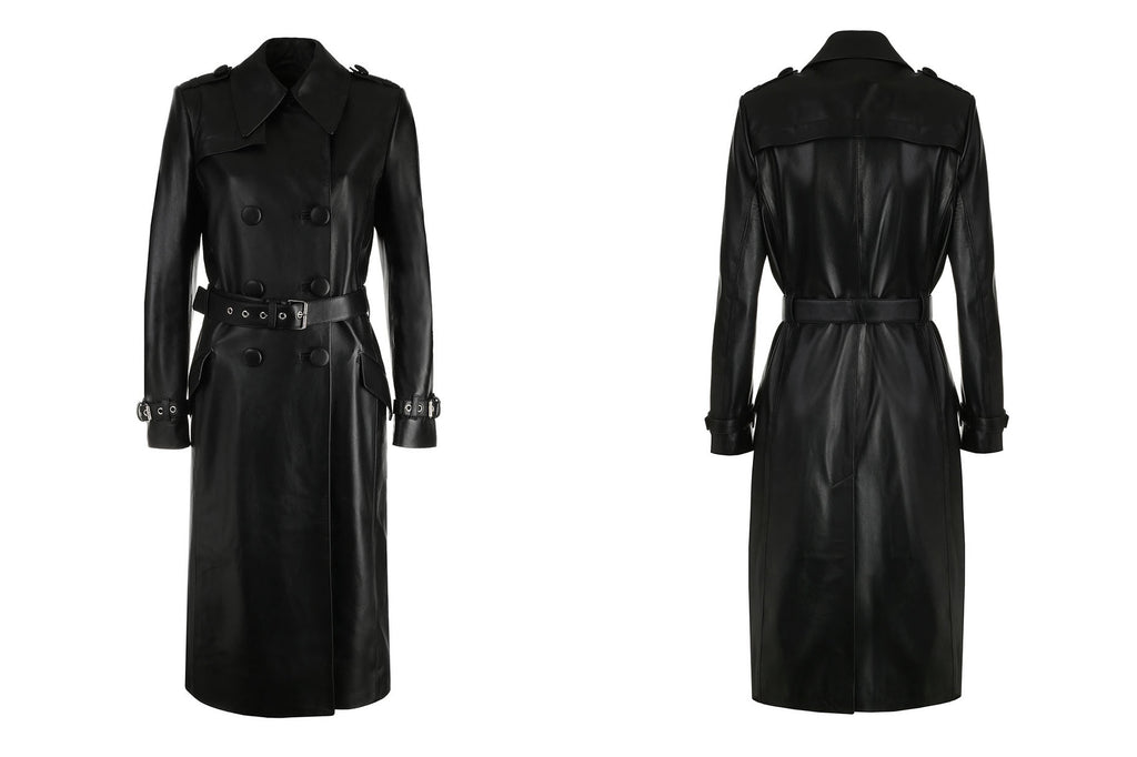 women's long leather coat, black