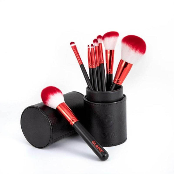 8 Piece Candy Apple Red and Black Makeup Brush Set | GX21 0