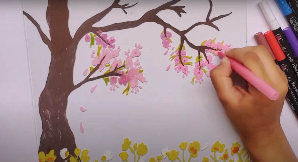 Now Create flowers on tree with green leaves