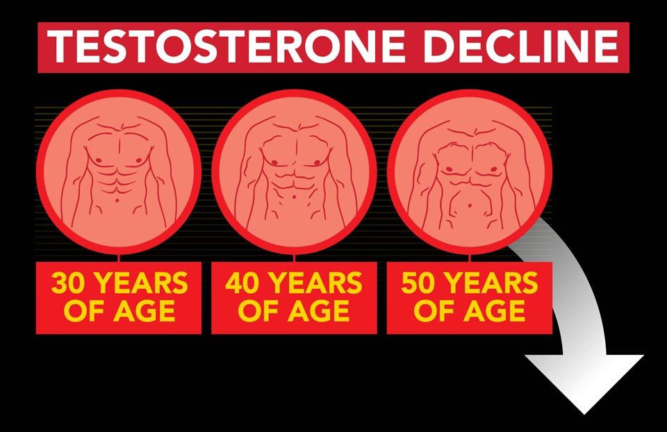Illustration of the effects of testosterone decline in men over a two decade period