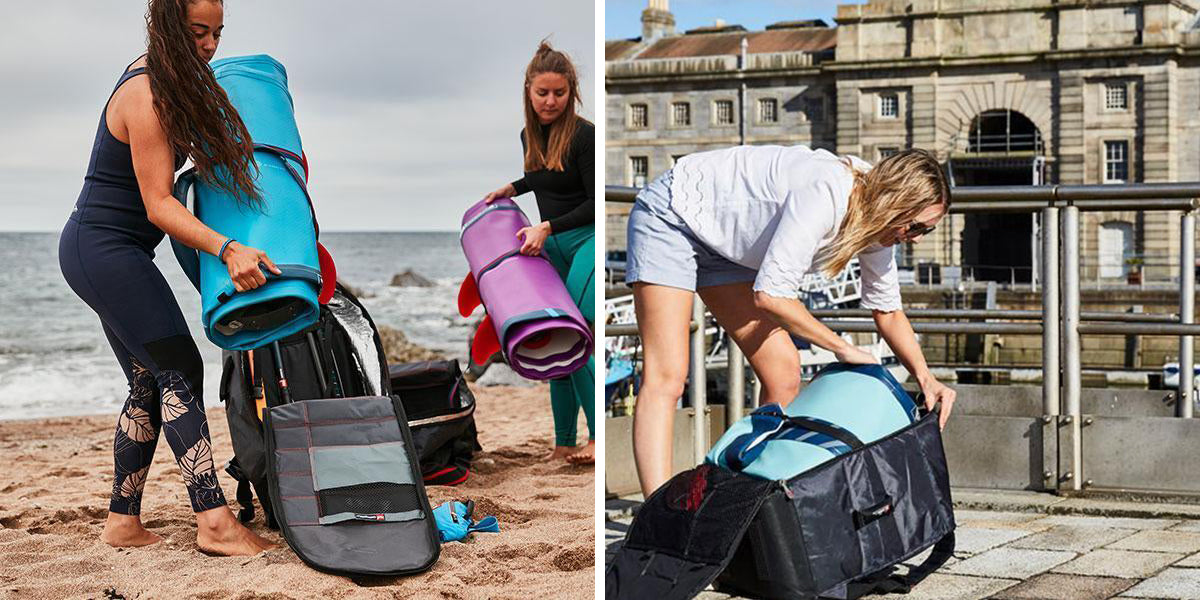 Women Putting Deflated Paddle Boards into Red Paddle Co SUP Backpacks
