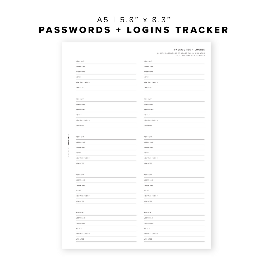 Passwords and Logins Tracker - Printable Insert - PDF – My Minimal Planner