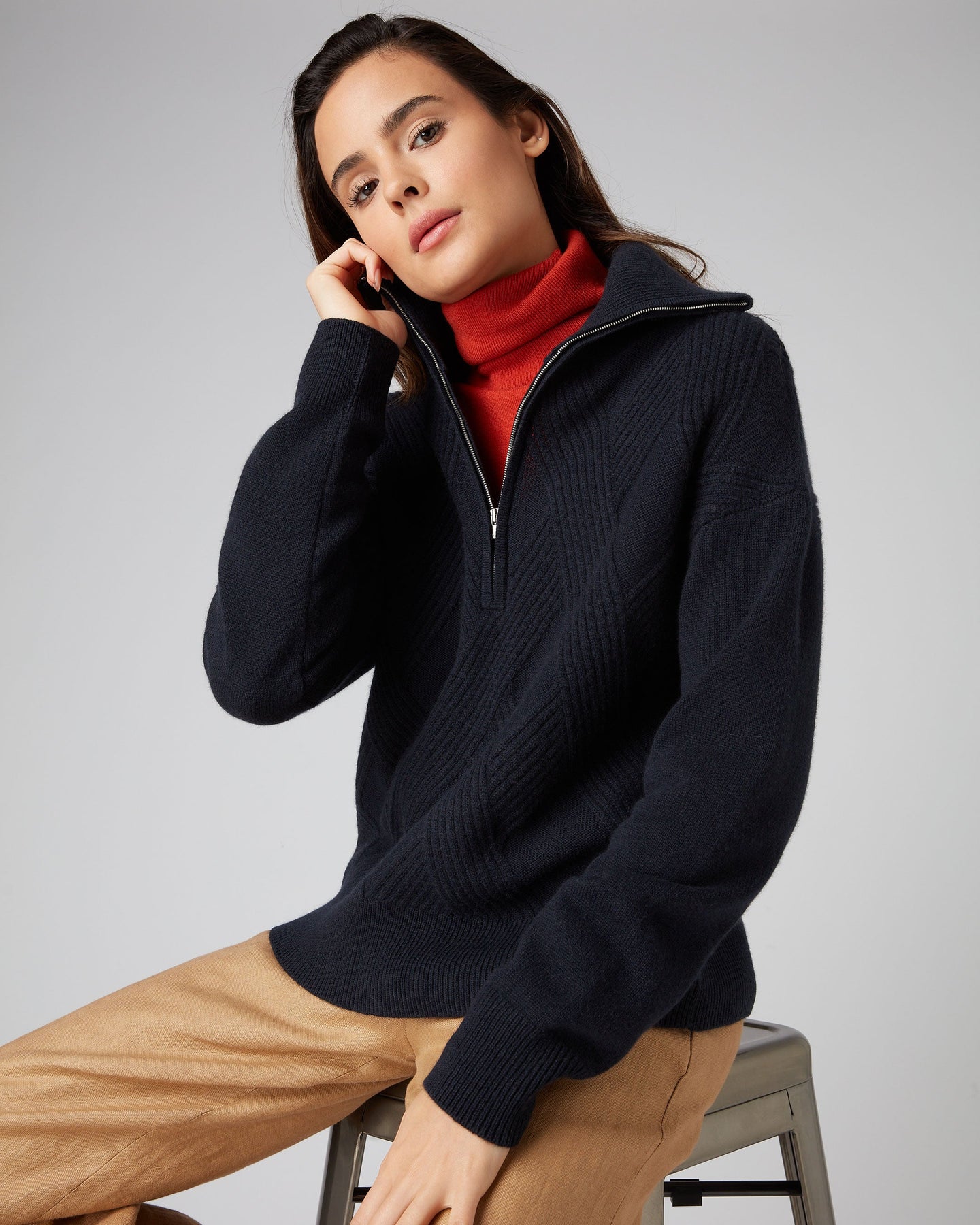 Women's Rib Detail Half Zip Cashmere Sweater Navy Blue | N.Peal