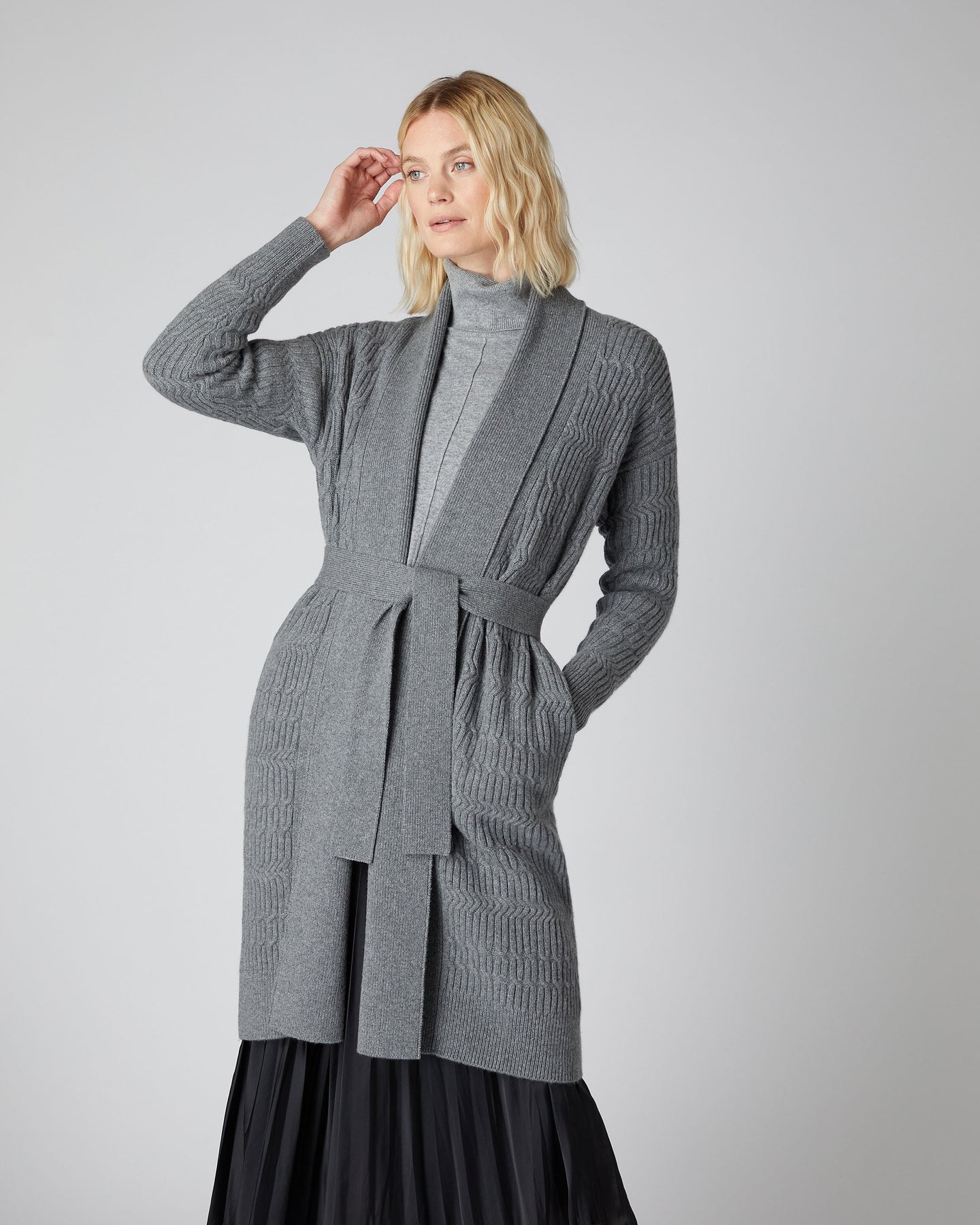 Women's Multi Stitch Longline Cashmere Cardigan Elephant Grey | N.Peal