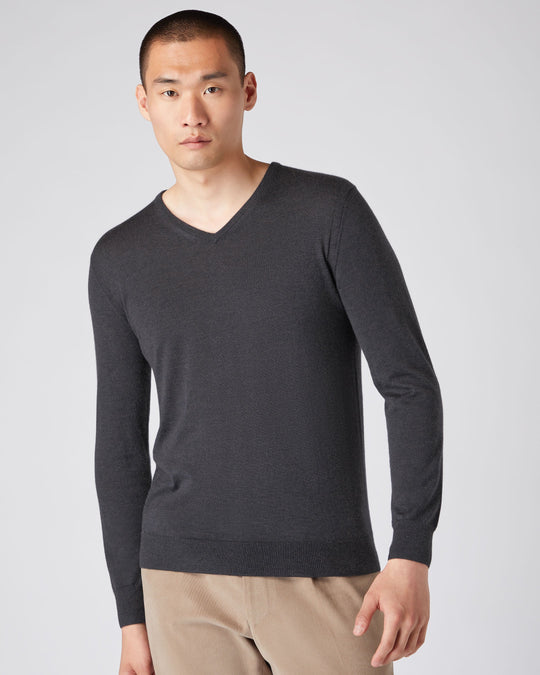 Brown Men's 100% Cashmere Long Sleeve Pullover V Neck Sweater