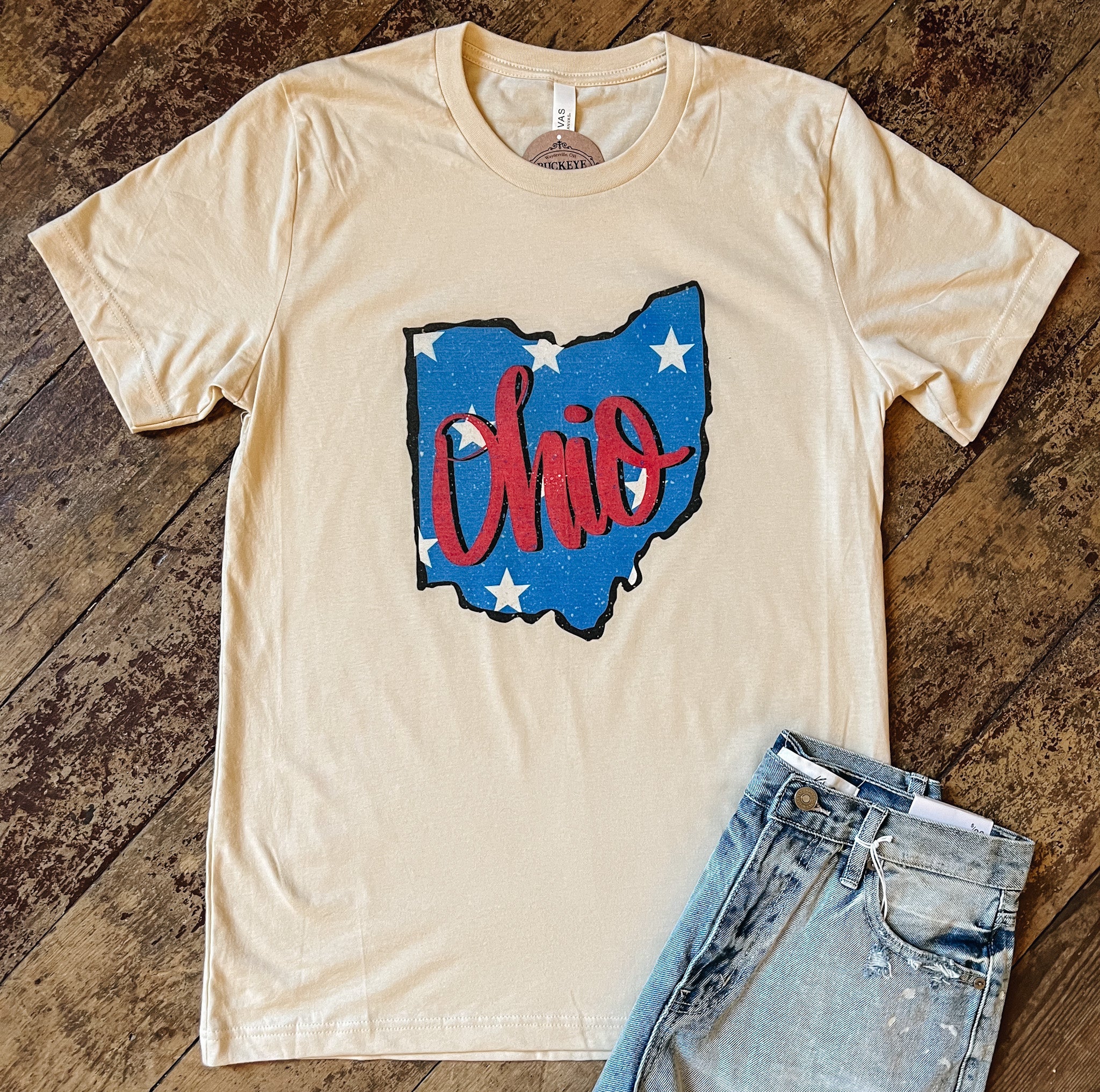 Ohio Red Blue and White Stars Graphic Tee Natural The Buckeye Charm