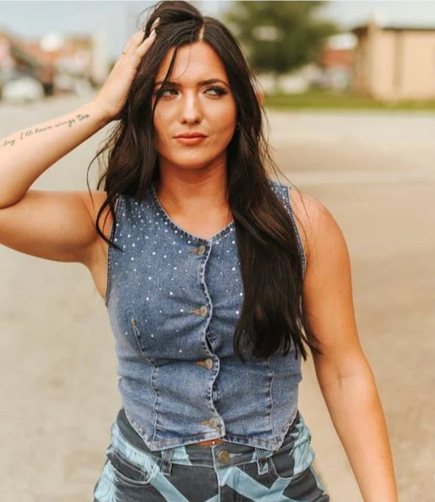 Denim Rhinestone Button up Vest