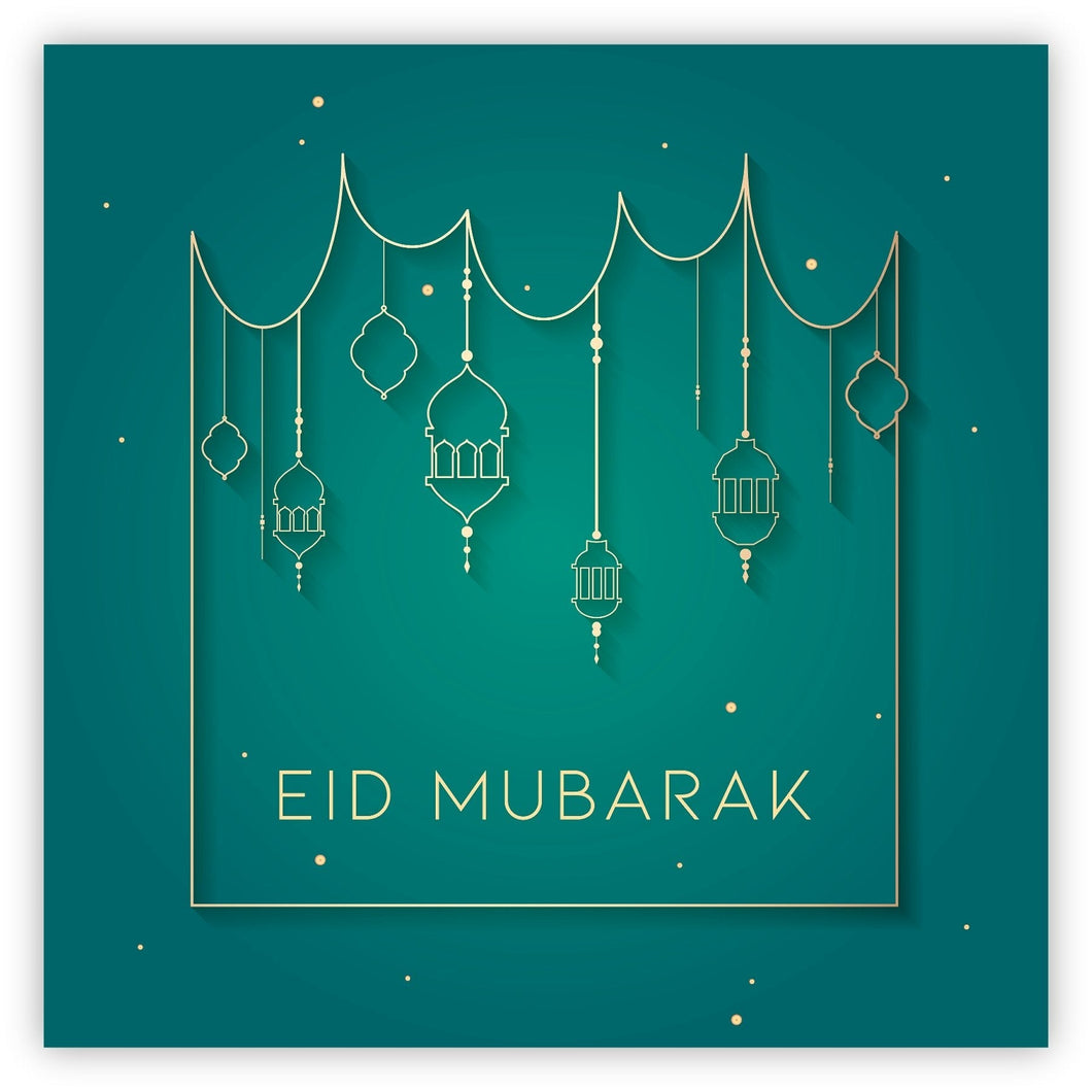 Eid Mubarak Card - Teal & Gold Hanging Lanterns