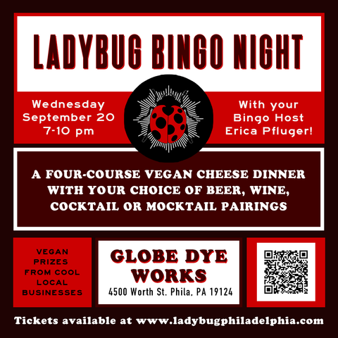 ladybug bingo dinner at globe dye works september 20 2023 vegan cheese pairings cocktails mocktails beer wine