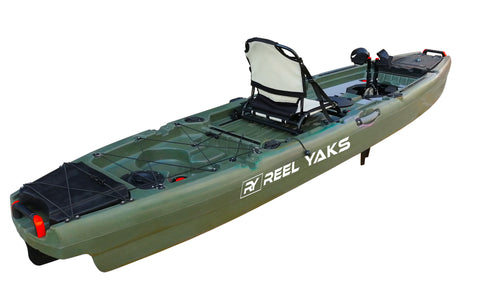 12' Reaper Fin Drive Fishing Kayak  with in built kayak trolley wheel –  ReelYaks