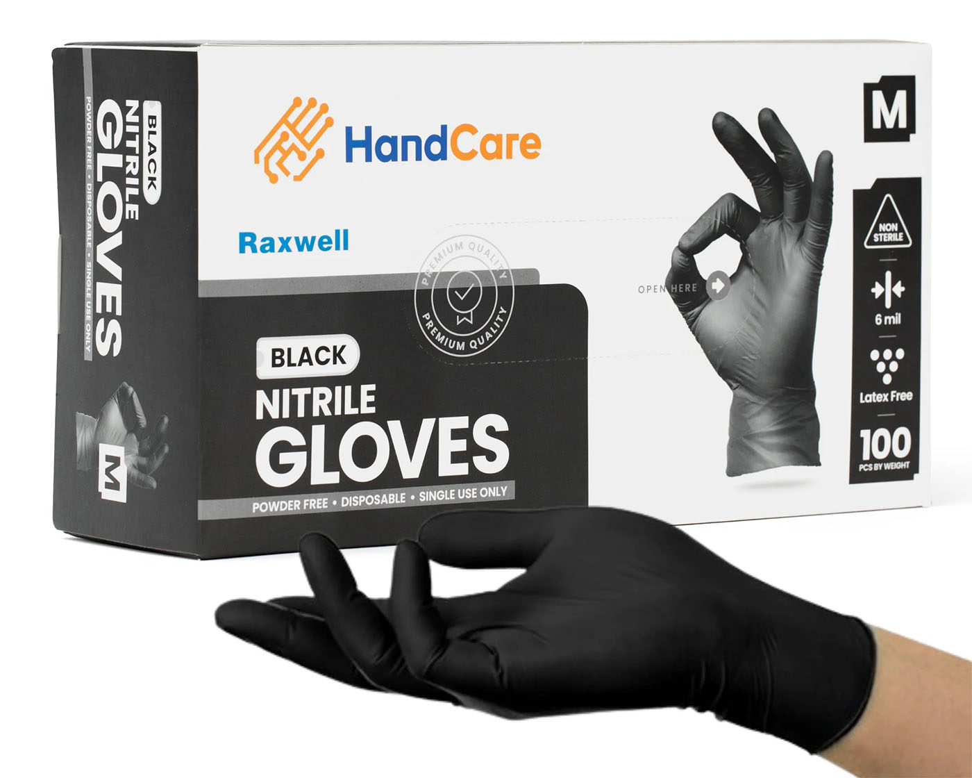 a box of HandCare Black Nitrile Gloves with a hand wearing it
