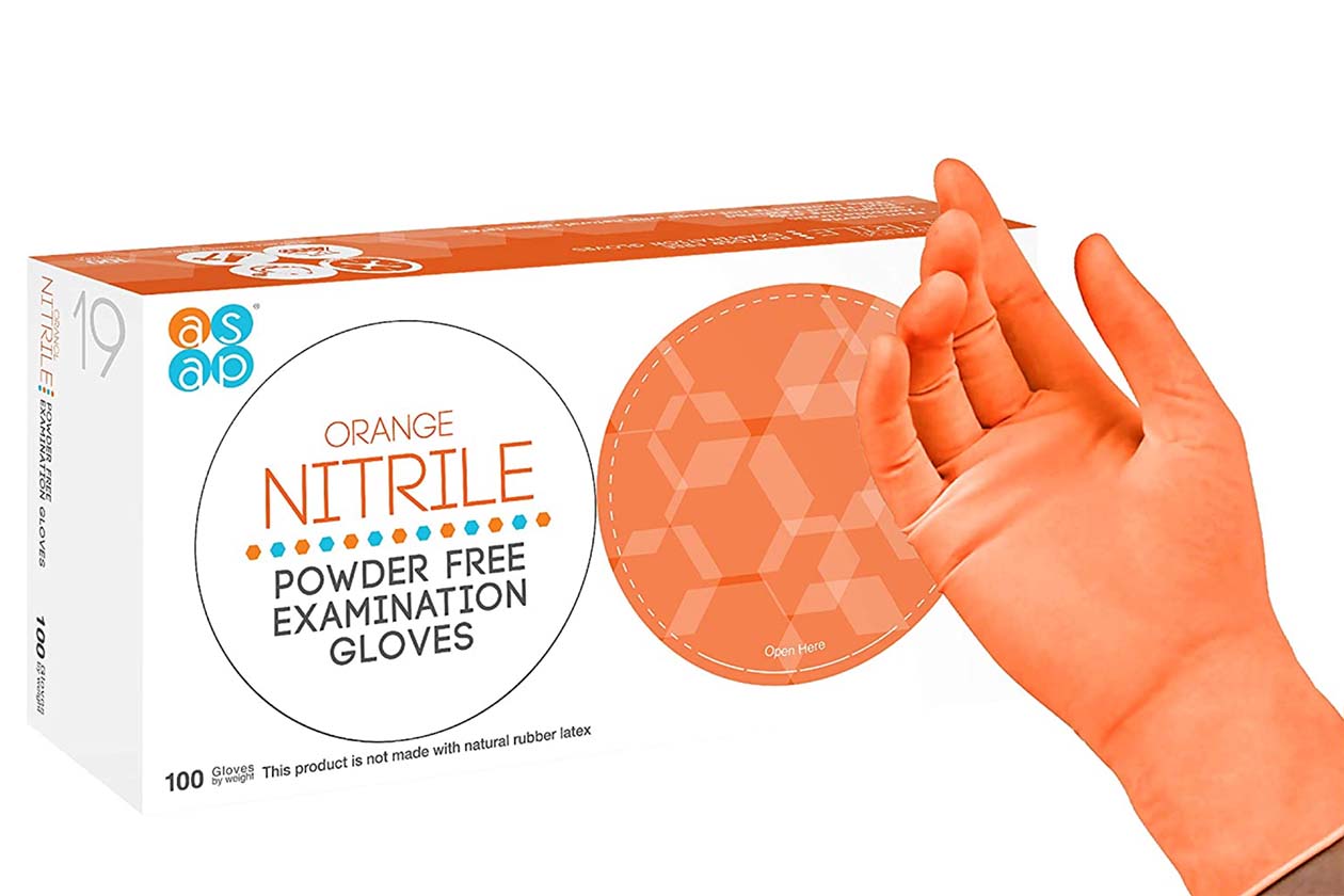 An orange gloved hand in front of a box of ASAP Orange nitrile gloves.