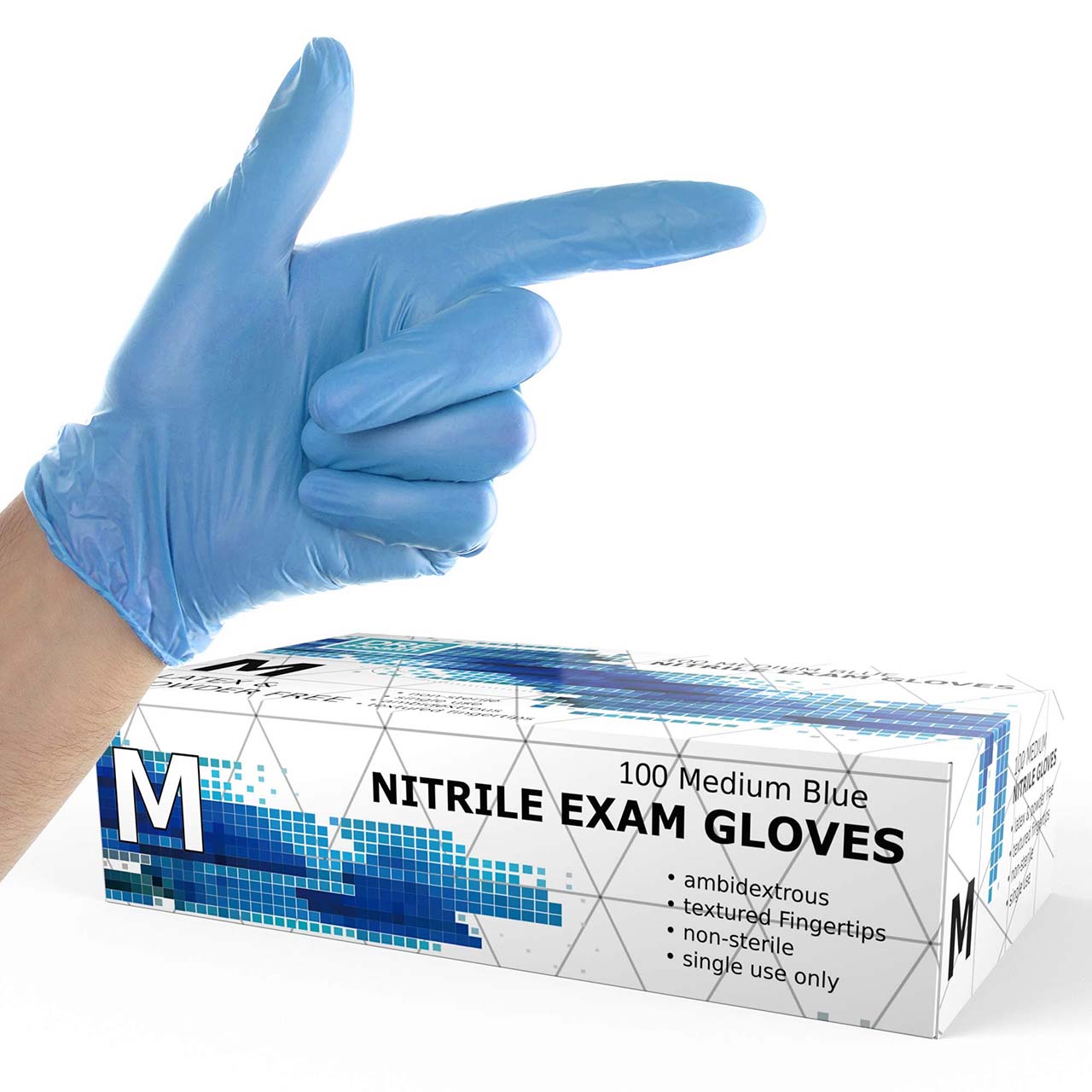A gloved hand points to the right over a box of Dre Health Nitrile exam gloves.
