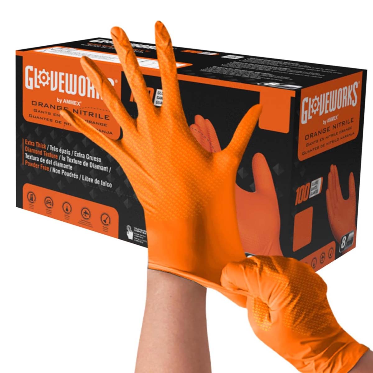 A box of Gloveworks Nitrile Disposable Gloves with hands wearing orange gloves.